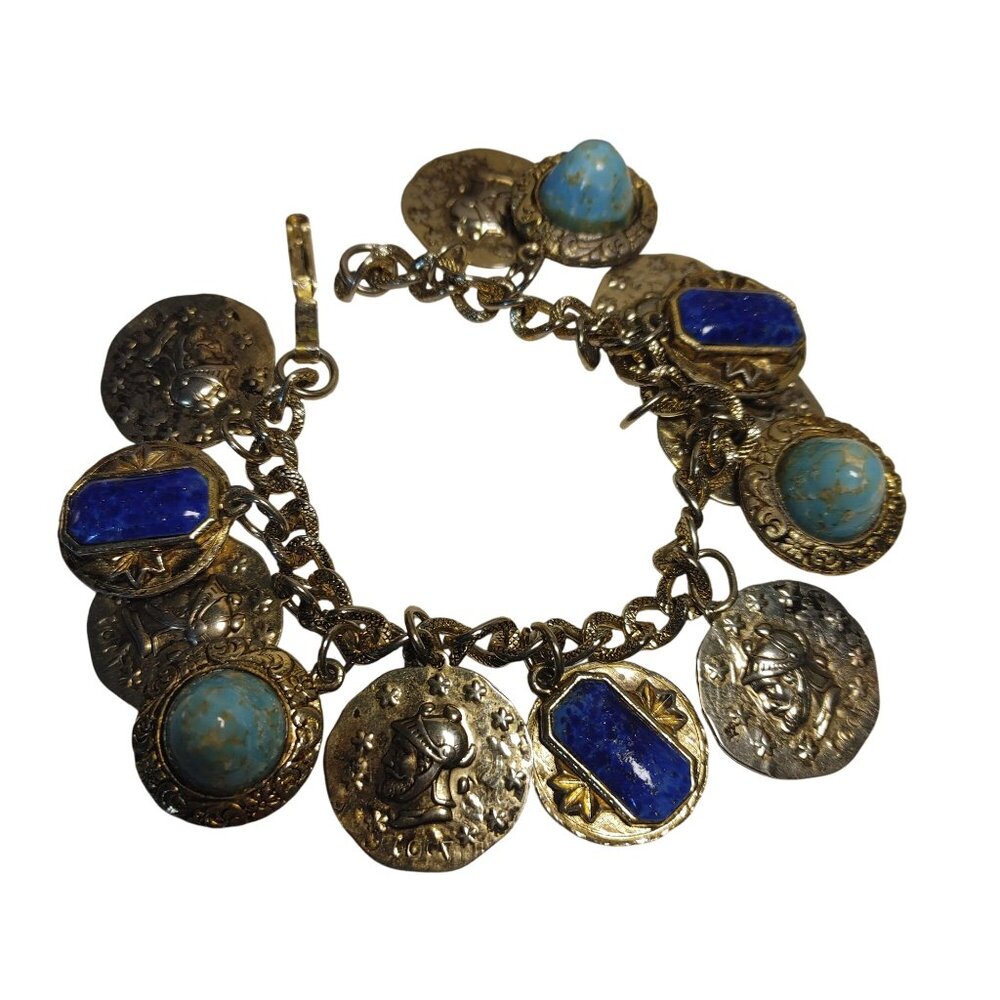 Coin Charm Bracelet Vintage Lapis Lazuli Turquoise Glass Stone Egyptian Etruscan - Picture 12 of 12
